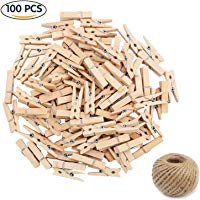 100Pcs Pinzas de Madera, Ouinne 35MM Pinzas Contactos de Madera con 50M Natural Yute Cordel de C&aacute;&ntilde;amo Cuerda de Bricolaje