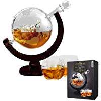 mikamax &ndash; Globe Decanter Set &ndash; Whiskey Decantador Globo &ndash; Whiskey Decanter - 20 x 12 x 22 cm - Jarra de Whisky&ndash; con Dos Vasos de Whiskey y Est&aacute;nder de Madera
