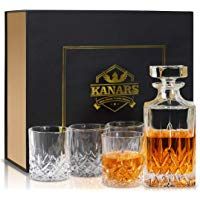 KANARS WD02 Jarra de Whisky, 5 Piezas, 100% Libre de Plomo Cristalino Resistente Botella de Whisky Set para Scotch, Bourbon, 750ml Decantador y 4 Vasos de Whisky 300ml, Caja de Regalo de Lujo