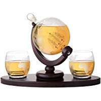 AMAVEL Set de Decantador para Whisky con Forma de Globo Terr&aacute;queo y 2 Vasos de Whisky de Dise&ntilde;o sobre Bandeja - Decantador con Cierre Herm&eacute;tico Capacidad 850 ml