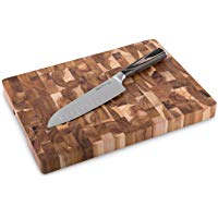 Cuchillo Santoku de 17 cm con Tabla de Cortar de Madera de Acacia Sakura, 2 piezas | Cuchillo de Cocina estilo Japon&eacute;s de Acero con Hoja Dentada y Tabla para Cortar de Madera Robusta
