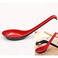 MAXGOODS 10 x Cuchara de Estilo Chino Color Rojo Negro Cuchar&oacute;n de Mango Largo para Sopa Comida Salada Frutas