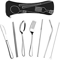 SUPERSUN Juego de Cubiertos Reutilizables para el Almuerzo, 7 pzs, Pajitas de Acero Inoxidable con brocha, Utensilios de Cocina para Viaje
