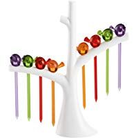 Koziol PI:P - Set de 8 pinchos, dise&ntilde;o de pajaritos, para aperitivos, tapas, soporte en forma de &aacute;rbol
