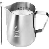 Jarra de leche de acero inoxidable 350 ml, Jarra con espuma de leche Tama&ntilde;o perfecto para 2 tazas de Cappuccino, M&aacute;quina de caf&eacute; espresso, Pluma de caf&eacute; para arte Latte, F&aacute;cil de limpiar, Plata