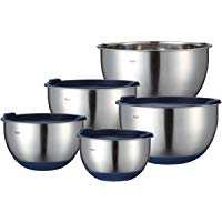 Mari Chef Set 5 Tazones de Mezcla Acero Inoxidable | Ensaladeras 1L-2L-2.5L-3L-4.5L | Cuencos con Rallador, Base de Silicona Antideslizante y Tapas | Preparaci&oacute;n de Ensaladas, Recetas y Almacenamiento
