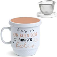 Lama Taza Tisana con Filtro, Dise&ntilde;o Feliz, Cer&aacute;mica, Blanco y Naranja, 13x9x10 cm