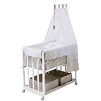 Cuna de colecho roba 4 en 1, con vestiduras 'Heartbreaker', utilizable como cuna de colecho, cuna balancin, cuna normal y banco para ni&ntilde;os, fabricada en madera lacada en blanco y con vestiduras completas, y ropa de cuna de (80x80cm)