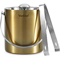 VonShef - Cubitera de hielo con tapa (2 L, acero inoxidable aislado de doble pared, incluye pinzas, asa de transporte)