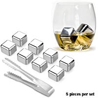 GOSCIEN 8 Cubitos Hielo Enfriadores Met&aacute;licos de Acero con 1 Pinza Reutilizable para Enfriar Bebidas Zumo Jugo, Sidra, Vino [Usa Materiales de Calidad Alimentaria]