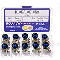 BOJACK 10 juegos B10K 3 terminales Potenci&oacute;metros rotativo c&oacute;nico lineal (WH148) 10K Ohm Resistencia variables de pel&iacute;cula de carbono con kit de perillas de pl&aacute;stico azul