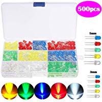 SunTop Diodo LED 500 Piezas LED Diodos, Multicolor Emisores Diffused y Clear Assorted LED Diodos Kit 5 Colores para Arduino de Luz 3mm/5mm (5 Colores)