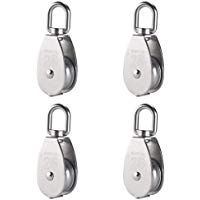 QQDEAL - Juego de 4 poleas M25 de acero inoxidable 304 con rotaci&oacute;n de 360 grados, gancho giratorio y cuerda de alambre suave, rueda de tracci&oacute;n