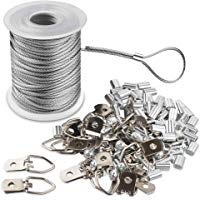 Marco de Imagen Juego de Cables Colgantes Bobina de Alambre Revestida de Vinilo de Acero Inoxidable Trenzado de 1,5 Mm x 100 Pies y 30 Piezas de Anillo En D y 30 Tornillos y 30 Tubo de Engarce.