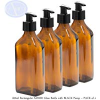 Botella rectangular de cristal de &aacute;mbar de 200 ml con bomba negra &ndash; Paquete de 4