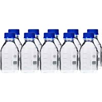 Neolab E-1431, botellas de laboratorio GL 45 500 ml, rosca ISO, capuch&oacute;n y boquilla, paquete de 10