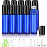 Botellas Roll On para Aceites Esenciales, 10ml (Azul Cobalto, Vac&iacute;as, 10 Piezas) - Bolita de Acero Inoxidable, Empaque para Regalo para Cada Botella, Abridor de Botellas y Etiquetas de Handy Picks