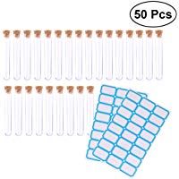 Hemobllo Tubos de prueba de pl&aacute;stico transparente 50pcs con tapones de corcho y etiquetas adhesivas de 2 piezas para experimentos cient&iacute;ficos Polvo de almacenamiento l&iacute;quido 1.2x7.5cm