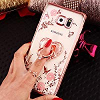 Funda Galaxy S7&nbsp;Edge, Funda Galaxy S7&nbsp;Edge, ikasus&reg;&nbsp;&ndash;&nbsp;Carcasa Galaxy S7&nbsp;Edge silicona funda funda tel&eacute;fono protectora TPU con [diamante Ring Stand Soporte] flor modelo con coraz&oacute;n de amor brillante Bl