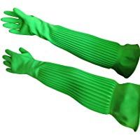 Hangnuo - Guantes de goma hasta el codo, impermeables, reutilizables - Para cocina, jard&iacute;n, limpieza - 1 par de 58 cm verdes y naranjas, Verde, Large