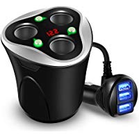 Cargador de Coche 3 USB Adaptador + 3 Sockets Encendedor de Cigarrillos Splitter 120W 12/24V con LED Voltaje Display Separado on/Off Interruptor Sostenedor de Taza para iPhone GPS & Dash CAM