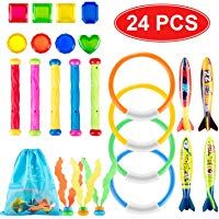 Juguete de Buceo 24 Piezas Juguetes para Piscina Incluir 4 Anillos de Buceo + 4 Torpedos Bandidos + 5 Palos de Buceo+8 Joyer&iacute;a + 3 Piezas Babosas de Alga Marina + 1 Bolsa de almacenamiento
