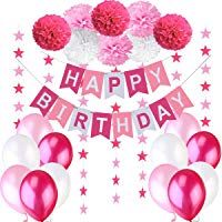 Decoraciones Cumplea&ntilde;os Nina &ndash; 1 Bandera Banderines Feliz Cumplea&ntilde;os &ldquo; Happy Birthday&rdquo; + 8 Pompon Bola de Flor + 2 Guirnaldas con Estrellas de 3 Metros + 12 Globos Rosa Fucsia Blanco