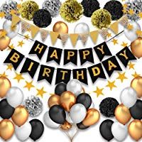 Pushingbest Decoraciones Cumplea&ntilde;os, Feliz cumplea&ntilde;os Decoracion Globos Garland Banderas Conjunto 42 Piezas Suministros de decoraci&oacute;n Material Seguro para ni&ntilde;as, Hombres, Negro, Dorado y Plateado