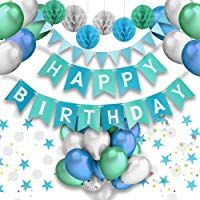 PushingBest decoraci&oacute;n cumplea&ntilde;os, 6 pa&ntilde;uelo de Papel, Pompones 30PCS Globos de l&aacute;tex (10 Piezas x Azul / Verde / Blanco).