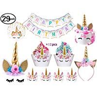 Decoraci&oacute;n para tartas de unicornio de Bitian con pesta&ntilde;as, diadema, envoltorios para cupcakes y pancarta de cumplea&ntilde;os/suministros de fiesta de unicornio
