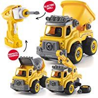 Top Race&reg; Cami&oacute;n de construcci&oacute;n controlado por Radio con 4 Acciones Principales Veh&iacute;culo de Construcci&oacute;n -3 en uno - con Taladradora El&eacute;ctrica para Ni&ntilde;os con Accesorios Precioso TR-DIY100