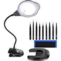 L&aacute;mpara LED Tipo Lupa 2 en 1 de Pancellent con Pinzas de precisi&oacute;n (9 Piezas), Lupa iluminada 2X / 4X con Soporte y Abrazadera para Escritorio, Costura, Mesa