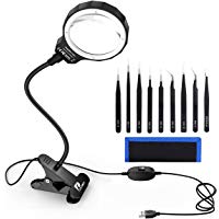 L&aacute;mpara LED Tipo Lupa 2 en 1 de Pancellent con Pinzas de precisi&oacute;n (9 Piezas), Lupa 3X iluminada con Abrazadera para Escritorio, Costura, Mesa