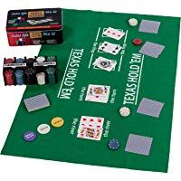 Set de p&oacute;ker / Blackjack en Caja de Metal, 200 fichas de p&oacute;ker, 2 Cubiertas, bot&oacute;n de repartidor, ciega peque&ntilde;a, Gran ciega, tapete de Juego