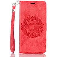 Funda Huawei Y6 / Honor 4A Case , Ecoway Mandala patr&oacute;n en relieve PU Leather Cuero Suave Cover Con Flip Case TPU Gel Silicona,Cierre Magn&eacute;tico,Funci&oacute;n de Soporte,Billetera con Tapa para Tarjetas ,Carcasa Para Huawei Y6 / Honor 4A - rojo