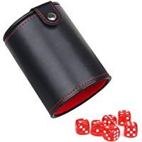WOOWA Cuero Taza de Dados de Cuero con Caja de Almacenamiento de Dados Ocultos para la Mayor&iacute;a del Juego de Dados, 6 Dados Rojos transl&uacute;cidos incluidos (1 Paquete)