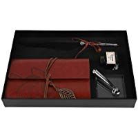 Vbestlife Conjunto de Botella de Tinta Cuaderno de Cuero Retro con Pluma Estilogr&aacute;fica de Plumaje Tallado Vintage para Caligraf&iacute;a Escritura Regalo de Papeler&iacute;a(Negro)