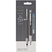 Parker 2055854&nbsp;Vector de pluma estilogr&aacute;fica y bol&iacute;grafo Set, Negro Con Cromo Compartir Ornamentales, tinta azul