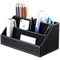 KINGFOM Organizador de escritorio, estructura de madera y piel, multifuncional