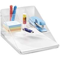 mDesign Organizador de escritorio transparente &ndash; Organizador de oficina con 5 compartimentos y bandeja para papel &ndash; Pr&aacute;ctico organizador de material de escritorio