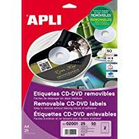 APLI 2001 - Etiquetas blancas imprimibles para CD (ext. &Oslash;114 int. &Oslash;41), adhesivo removible 25 hojas