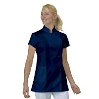 Casaca de trabajo para est&eacute;tica, tipo blusa, tela con acabado inarrugable, fabricaci&oacute;n francesa, de manga corta, con botones a presi&oacute;n