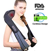 NURSAL Masajeador inal&aacute;mbrico de amasado profundo Masajeador de Shiatsu con calor para hombro, cuello, cintura y espalda, correas m&aacute;s largas y bater&iacute;a recargable, para uso en viajes, hogar y oficina