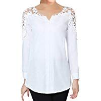 Luckycat Camisa Elegante de Mujer con Bordado Encaje Blusa Manga Larga Pullover Ligero V Cuello para Primavera Verano Oto&ntilde;o