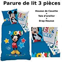 Decokids- Juego de cama de 3 piezas: funda n&oacute;rdica (140 x 200&nbsp;cm), funda de almohada (63 x 63&nbsp;cm) y s&aacute;bana bajera (90 x 190&nbsp;cm), dise&ntilde;o de Mickey Mouse &laquo;Story&raquo;