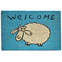 Relaxdays &ndash; Felpudo con la Imagen de una Oveja Impresa para la Entrada de su hogar Hecho de Fibras de Coco y PVC con Medidas 40 x 60 cm Antideslizante Elemento Decorativo, Color Azul