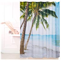 Relaxdays Cortina Ba&ntilde;o Lavable con Estampado de Playa, Poli&eacute;ster, 180 x 180 cm