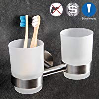 Wonder Worker Dale Soporte para Cepillos de Dientes Doble con Dos Vasos de Vidrio Organizador de Ba&ntilde;o Montable con Pegamento a la Pared L17,5 X Alt.11 X Prof.10,5 cm