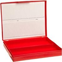 Heathrow Scientific HD15991B Economy - Caja para portaobjetos (polipropileno, capacidad: 100 portaobjetos, longitud x anchura x altura: 210 mm x 169 mm x 37 mm), color rojo