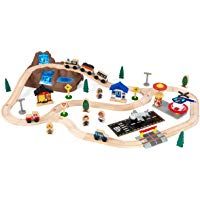 KidKraft 17826 Circuito de tren de juguete de madera para ni&ntilde;os Bucket Top Mountain con recipiente de almacenaje y 61 piezas de juego incluidas